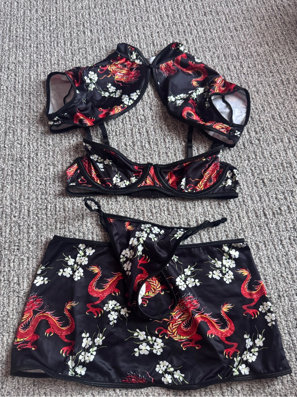 Women’s Black Floral & Red Dragon lingerie Set with Skirt